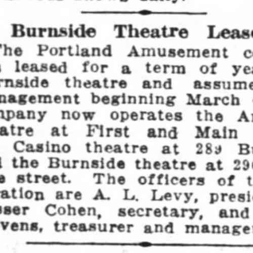 Article detailing the new owners of the Burnside Theater, the Portland Amusements Company, in 1916