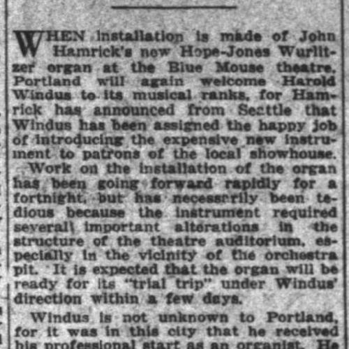 Another article illustrating the return of Portland organist Harold Windus to the Blue Mouse theater to perform on the new Wurlitzer organ