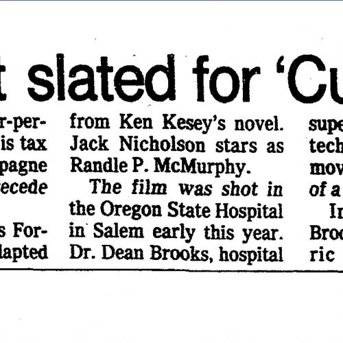 newspaper clipping about the premiere of One Flew Over the Cuckoos nest at the bagdad theater