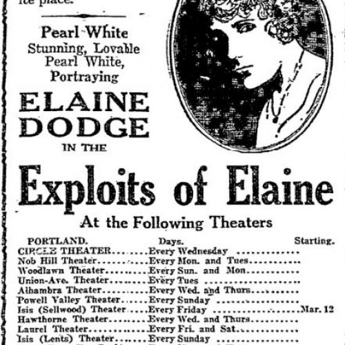 Advertisement for theater showings of the film Exploits for Elaine in 1915