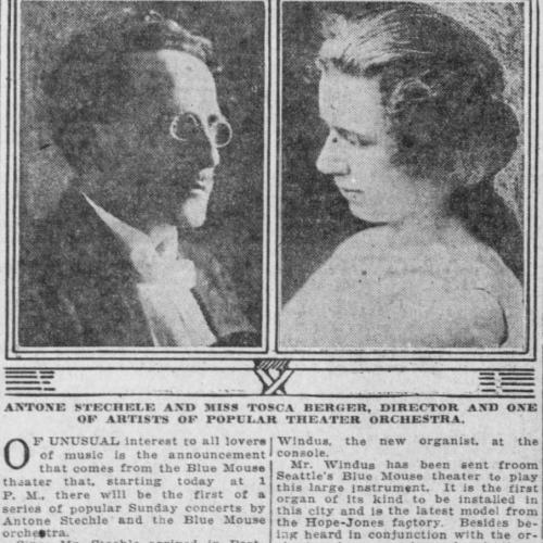 An article announcing the concerts to be held at the Blue Mouse theater from the theaters orchestra, as well as the debut of the theaters Wurlitzer organ with famed organist Harold Windus performing on it