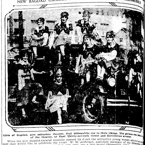 newspaper clipping of story about bagdad usherettes with image of them sitting on a car