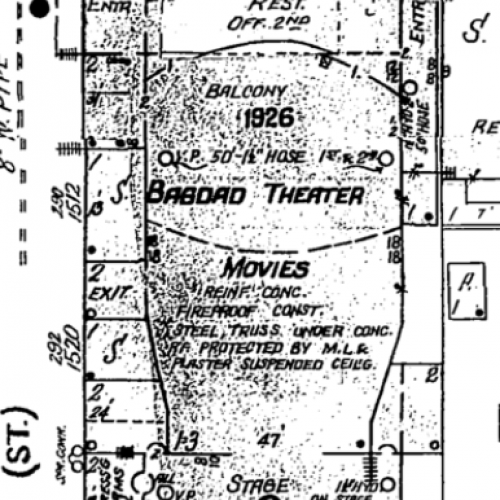 Sanborn map of the bagdad theater showing the interior layout of the theater in relation to the streets