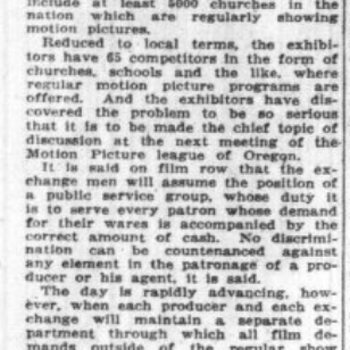 News article about motion picture exhibitors and nontheatrical venues in 1921