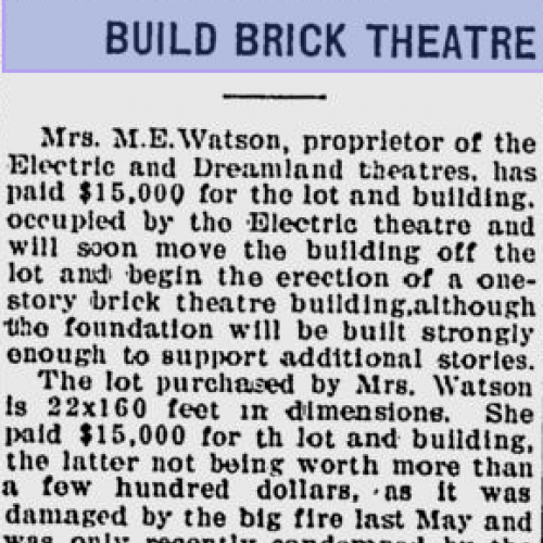 Mrs. Watson Will Build Brick Building, 1909