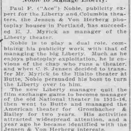 "Noble to Manage Liberty," Morning Oregonian, May 28, 1919: 7. Historic Oregon Newspapers.