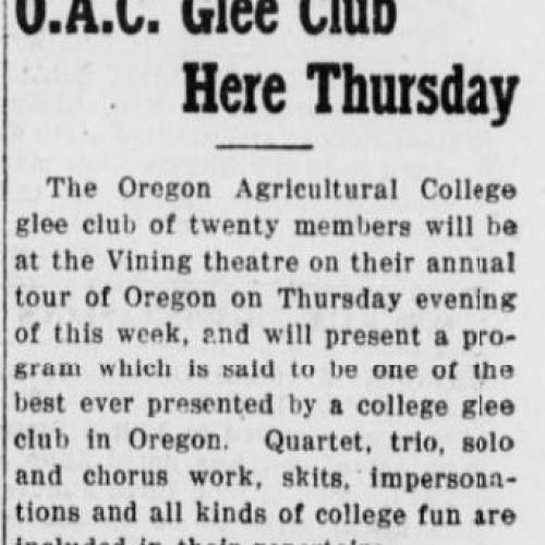 Newspaper article discussing the showcase of the O.A.C. glee club at the Vining theater