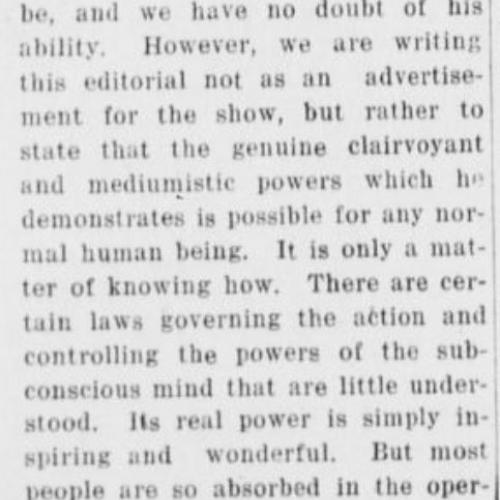Newspaper article describing the show to appear at the Vining theater incorporating a magic act performed by Magician Blackstone