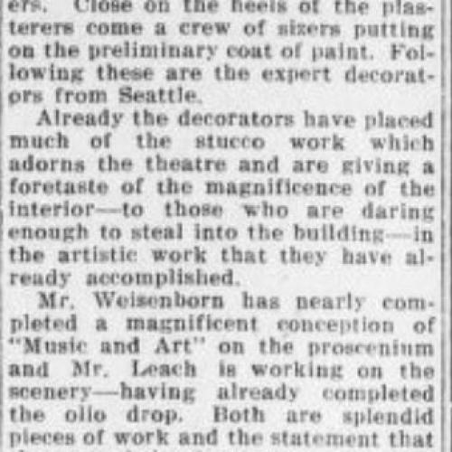 Newspaper article illustrating the decor in the Vining theater while it's being built, discussing how the theater's interior will be of artistic magnificence