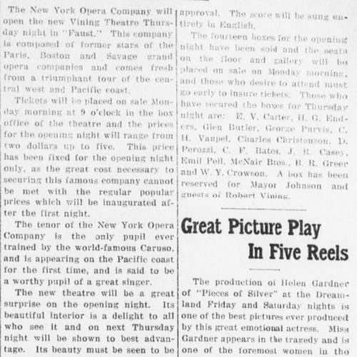 Newspaper article announcing the opening night at the Vining theater to showcase "Faust" performed by the New York Opera Company