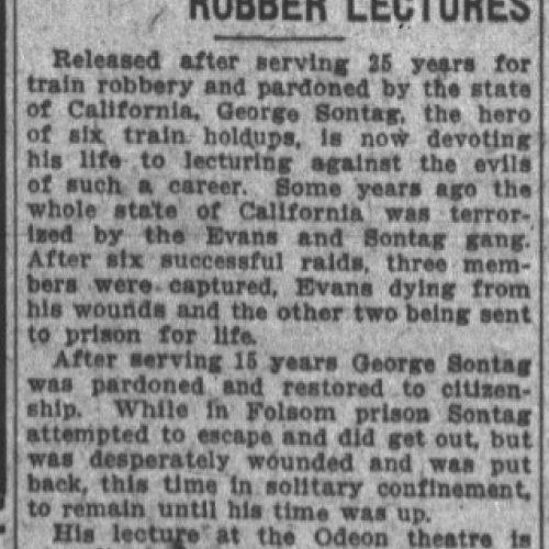 Oregon Daily Journal. Reformed Train Robber Lectures at The Odeon. May 23, 1910. P1.
