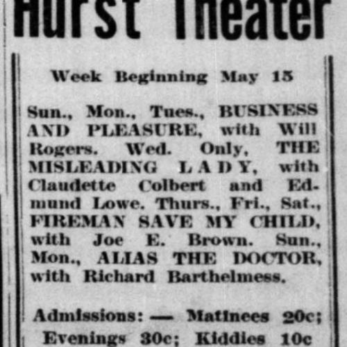 Advertisement for the Hurst theater, ending the reign of the Vining theater