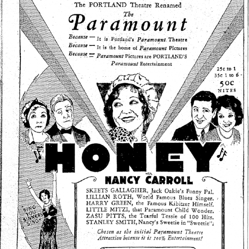Advertisment of theater name change from Portland Publix to the Publix Paramount theater. 