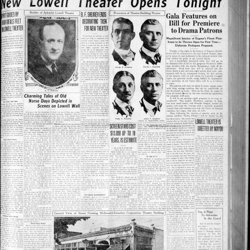 The Eugene Guard designated entire front page of paper to the grand opening of the Lowell Theater and a description of the Architecture and Interior Design