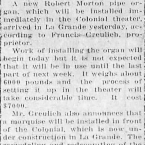 A new organ for the Colonial theater, 1927