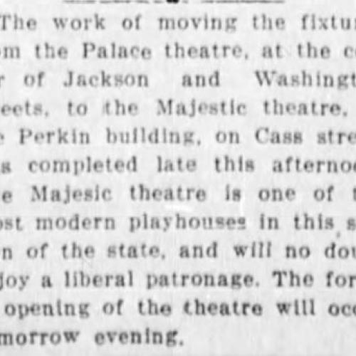 News item with location of the Majestic theater, 1913