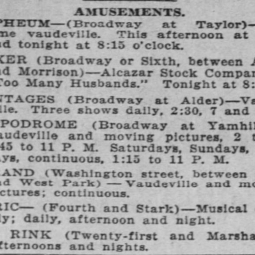 Advertisement for amusements in Portland.