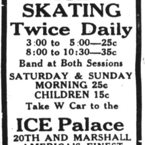Ad for ice skating public sessions twice daily.