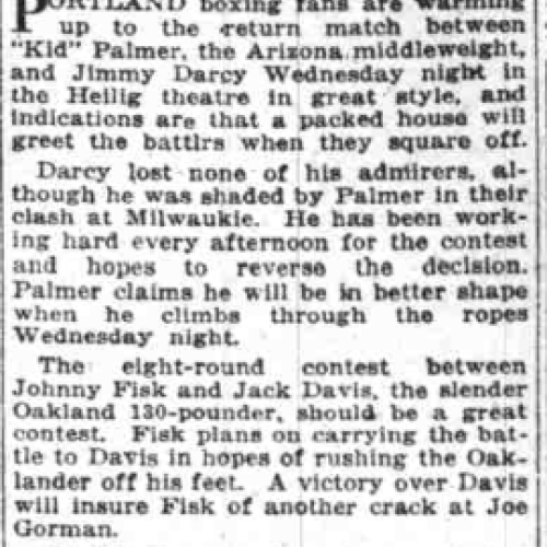 Newspaper article detailing a boxing match being held in the Heilig Theater