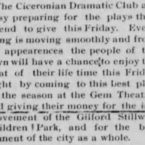 An ad for a performance by the Ciceronian Dramatic Club to raise money for a children's park